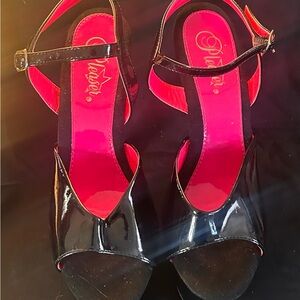 Pleaser Glossy Black Heels with Pink Interior